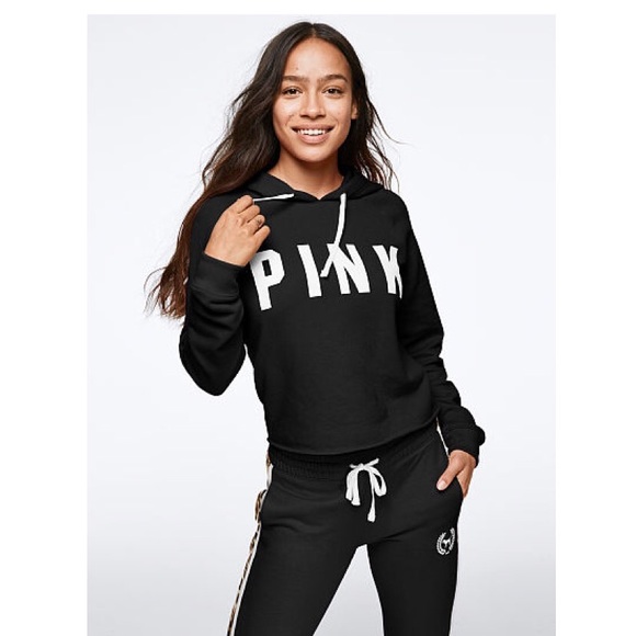PINK Victoria's Secret Tops - NWT VS Pink Crop Hoodie Black Sweatshirt, M